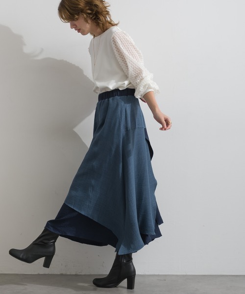 Material(Avenue)(マテリアル)の「【Material】ワッシャースラブ 濃淡配色 レイヤードドラップ イージー ロング スカート(スカート・レディース・ブラウン/チャコール/インディゴブルー・FREE)」の5枚目の写真
