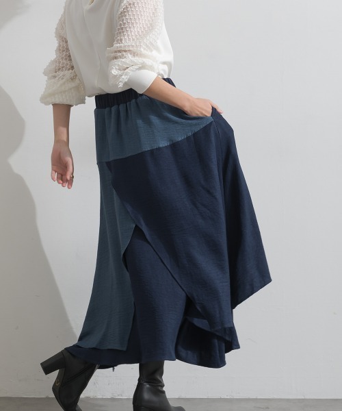 Material(Avenue)(マテリアル)の「【Material】ワッシャースラブ 濃淡配色 レイヤードドラップ イージー ロング スカート(スカート・レディース・ブラウン/チャコール/インディゴブルー・FREE)」の6枚目の写真