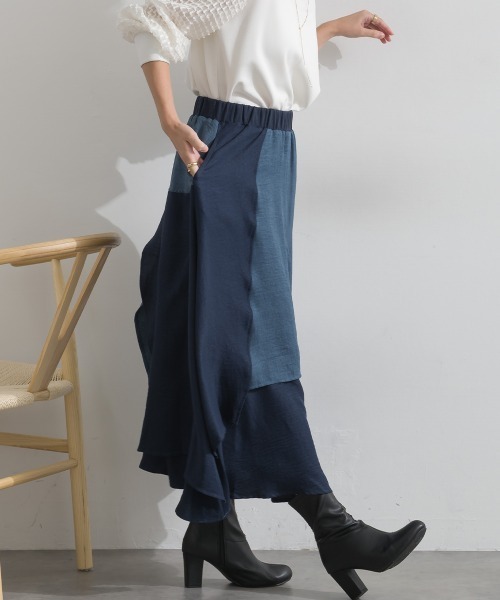 Material(Avenue)(マテリアル)の「【Material】ワッシャースラブ 濃淡配色 レイヤードドラップ イージー ロング スカート(スカート・レディース・ブラウン/チャコール/インディゴブルー・FREE)」の7枚目の写真