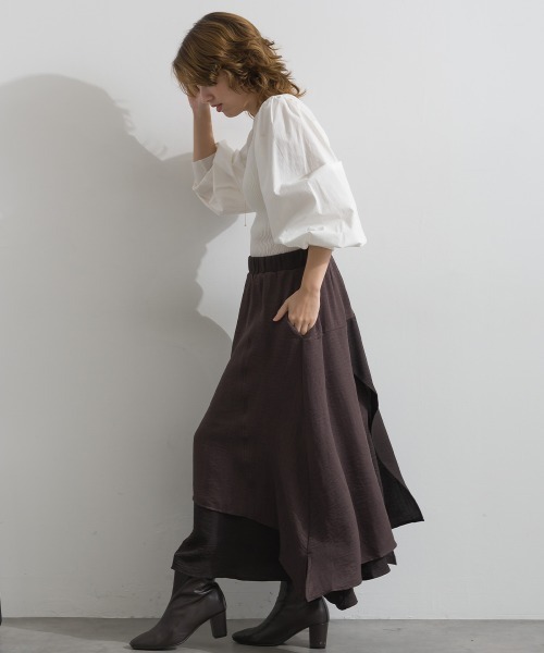 Material(Avenue)(マテリアル)の「【Material】ワッシャースラブ 濃淡配色 レイヤードドラップ イージー ロング スカート(スカート・レディース・ブラウン/チャコール/インディゴブルー・FREE)」の11枚目の写真