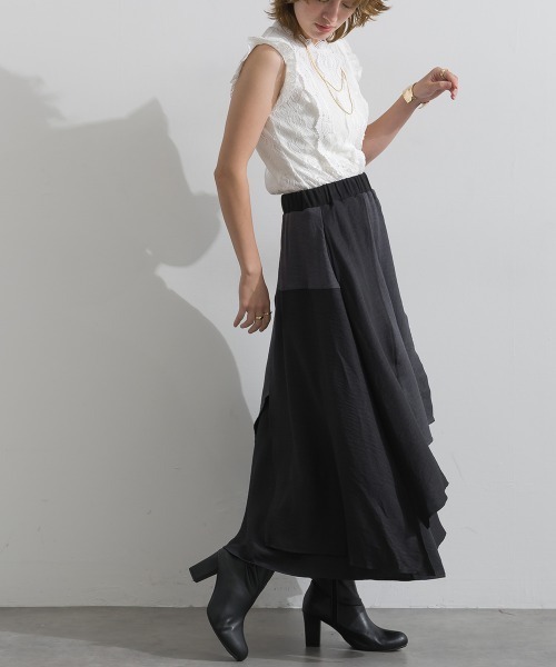 Material(Avenue)(マテリアル)の「【Material】ワッシャースラブ 濃淡配色 レイヤードドラップ イージー ロング スカート(スカート・レディース・ブラウン/チャコール/インディゴブルー・FREE)」の15枚目の写真