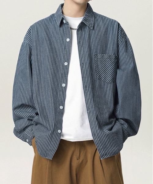 DOUBLE STEAL(ダブルスティール)の「DSワークストライプルーズシャツ(シャツ/ブラウス・メンズ・ネイビー・MEDIUM/X-LARGE/LARGE)」の1枚目の写真