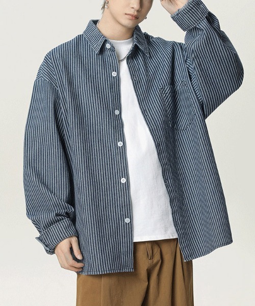 DOUBLE STEAL(ダブルスティール)の「DSワークストライプルーズシャツ(シャツ/ブラウス・メンズ・ネイビー・MEDIUM/X-LARGE/LARGE)」の2枚目の写真