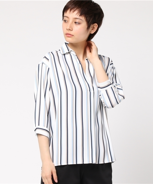 INGNI(イング)の「『4/27(木)ルナンデスご紹介商品』『CanCam5月号掲載商品』7分袖マルチストライプ柄スキッパーシャツ/レディーストップス-2017SS-(シャツ/ブラウス・レディース・ピンク/サックスブルー/ベージュ・MEDIUM)」の14枚目の写真