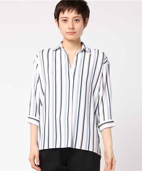 INGNI(イング)の「『4/27(木)ルナンデスご紹介商品』『CanCam5月号掲載商品』7分袖マルチストライプ柄スキッパーシャツ/レディーストップス-2017SS-(シャツ/ブラウス・レディース・ピンク/サックスブルー/ベージュ・MEDIUM)」の6枚目の写真