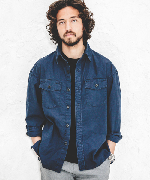 CAMBIO（カンビオ）の「ms3098-Pato×CAMBIOストーンバイオウォッシュ加工高密度コーマウェザーミリタリーシャツ（シャツ/ブラウス・メンズ・カーキ/ブラック/ネイビー・S/L/M）」の3枚目の写真