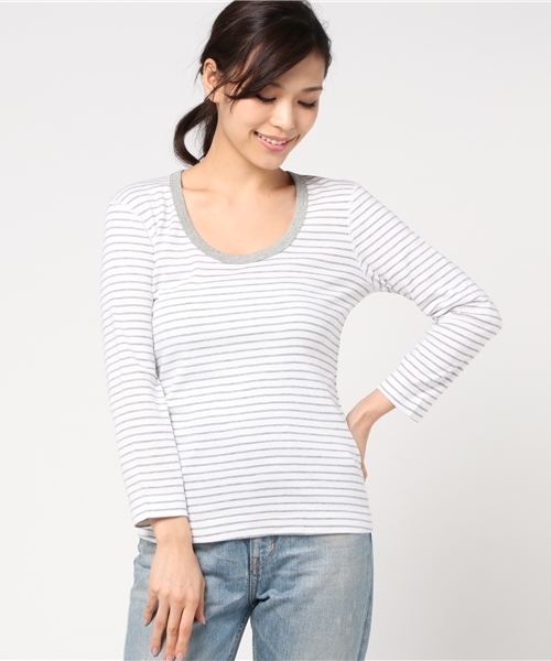 three dots(スリードッツ)の「ジェシカ コットンニット ストライプ 七分袖(Tシャツ/カットソー・レディース・ホワイト×グレー/ピンク系その他・SMALL/MEDIUM)」の1枚目の写真