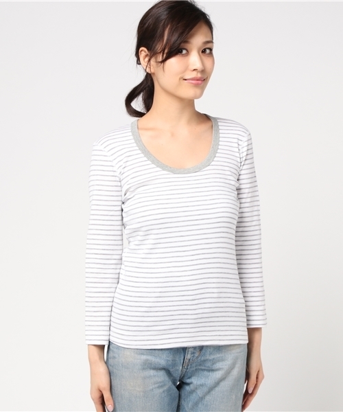 three dots(スリードッツ)の「ジェシカ コットンニット ストライプ 七分袖(Tシャツ/カットソー・レディース・ホワイト×グレー/ピンク系その他・SMALL/MEDIUM)」の3枚目の写真