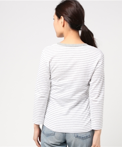 three dots(スリードッツ)の「ジェシカ コットンニット ストライプ 七分袖(Tシャツ/カットソー・レディース・ホワイト×グレー/ピンク系その他・SMALL/MEDIUM)」の5枚目の写真