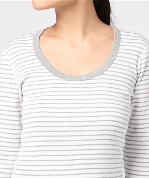 three dots(スリードッツ)の「ジェシカ コットンニット ストライプ 七分袖(Tシャツ/カットソー・レディース・ホワイト×グレー/ピンク系その他・SMALL/MEDIUM)」の6枚目の写真