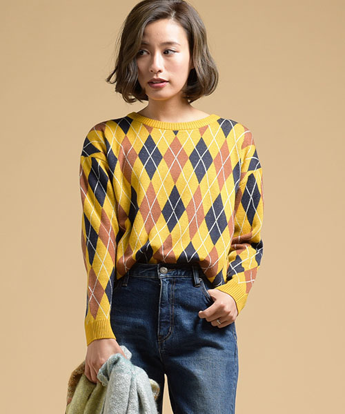 LIPSTAR（リップスター）の「アーガイルジャガードニット（ニット/セーター・レディース・ブラック系その他/イエロー系その他/レッド系その他・M）」の3枚目の写真