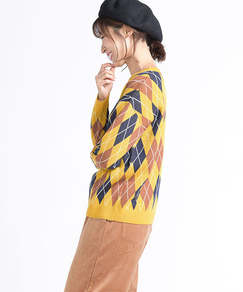 LIPSTAR（リップスター）の「アーガイルジャガードニット（ニット/セーター・レディース・ブラック系その他/イエロー系その他/レッド系その他・M）」の5枚目の写真