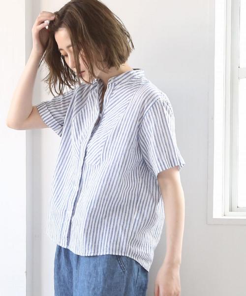 coen(コーエン)の「綿麻ストライプバンドカラーシャツブラウス(シャツ/ブラウス・レディース・イエロー/ネイビー/ピンク・LARGE/MEDIUM)」の2枚目の写真