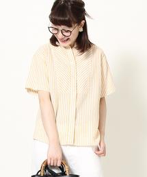 coen | 綿麻ストライプバンドカラーシャツブラウス(シャツ/ブラウス)