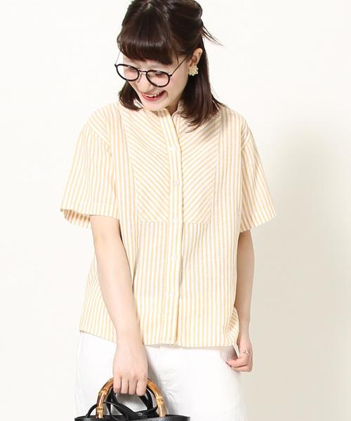 coen(コーエン)の「綿麻ストライプバンドカラーシャツブラウス(シャツ/ブラウス・レディース・イエロー/ネイビー/ピンク・LARGE/MEDIUM)」の1枚目の写真