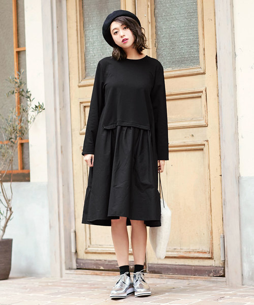KOBE LETTUCE（コウベレタス）の「異素材バックティアードフレアワンピース＊レディース[E1967]神戸レタス（ワンピース・レディース・ブラック/ベージュ/カーキ・FREE）」の5枚目の写真