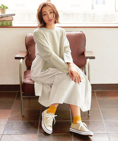 KOBE LETTUCE（コウベレタス）の「異素材バックティアードフレアワンピース＊レディース[E1967]神戸レタス（ワンピース・レディース・ブラック/ベージュ/カーキ・FREE）」の8枚目の写真