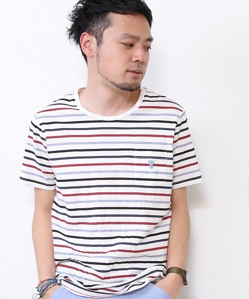 coen（コーエン）の「コットンリネンボーダーポケットTシャツ（Tシャツ/カットソー・メンズ・ネイビー/ダークグリーン/その他1/ブラック・LARGE/SMALL/MEDIUM/X-LARGE）」の4枚目の写真