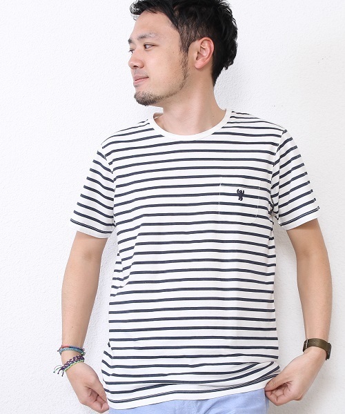 coen（コーエン）の「コットンリネンボーダーポケットTシャツ（Tシャツ/カットソー・メンズ・ネイビー/ダークグリーン/その他1/ブラック・LARGE/SMALL/MEDIUM/X-LARGE）」の3枚目の写真