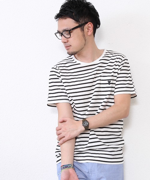 coen（コーエン）の「コットンリネンボーダーポケットTシャツ（Tシャツ/カットソー・メンズ・ネイビー/ダークグリーン/その他1/ブラック・LARGE/SMALL/MEDIUM/X-LARGE）」の2枚目の写真