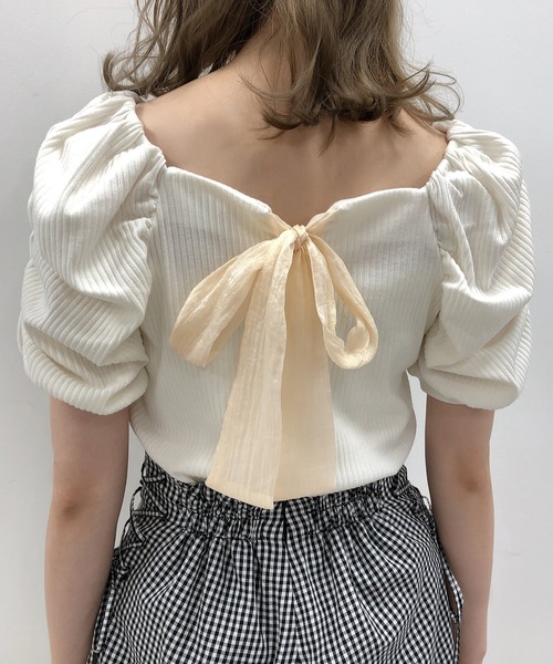 one after another NICE CLAUP（ワンアフターアナザーナイスクラップ）の「袖ギャザーバックリボントップス（Tシャツ/カットソー・レディース・ピンクベージュ/ブラック/オフホワイト/グレー・FREE）」の18枚目の写真