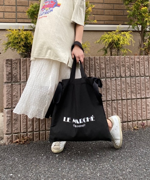 ap retro（アプレトロ）の「サイドリボンロゴプリントキャンバストートバッグ【ZOZO限定アイテム】（トートバッグ・レディース・ブラック/アイボリー・FREE）」の13枚目の写真