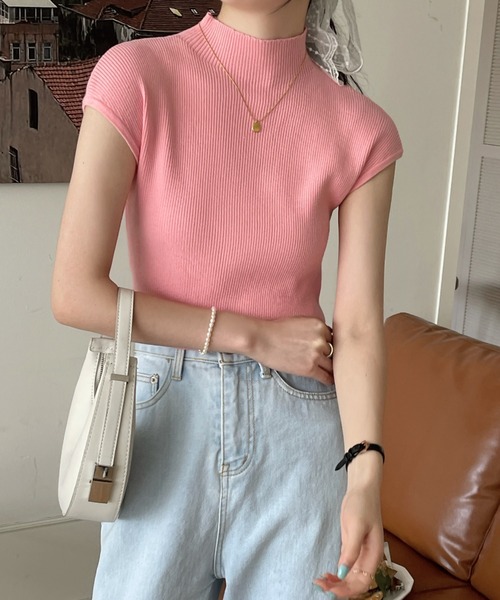 emi+（エミプラス）の「フレンチスリーブサマーリブニットトップス（Tシャツ/カットソー・レディース・ホワイト/ブラック/ベージュ/パープル/グレー/オレンジ/ブルー/アイボリー/ライトピンク/マスタード/ブルーグレー・FREE）」の10枚目の写真