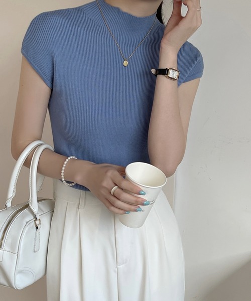 emi+（エミプラス）の「フレンチスリーブサマーリブニットトップス（Tシャツ/カットソー・レディース・ホワイト/ブラック/ベージュ/パープル/グレー/オレンジ/ブルー/アイボリー/ライトピンク/マスタード/ブルーグレー・FREE）」の8枚目の写真