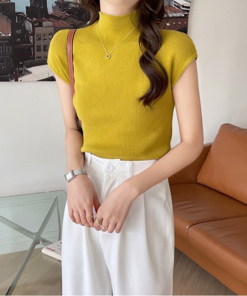 emi+（エミプラス）の「フレンチスリーブサマーリブニットトップス（Tシャツ/カットソー・レディース・ホワイト/ブラック/ベージュ/パープル/グレー/オレンジ/ブルー/アイボリー/ライトピンク/マスタード/ブルーグレー・FREE）」の17枚目の写真