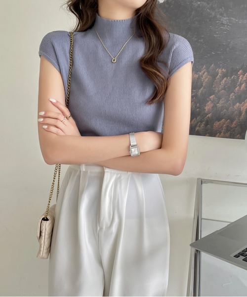 emi+（エミプラス）の「フレンチスリーブサマーリブニットトップス（Tシャツ/カットソー・レディース・ホワイト/ブラック/ベージュ/パープル/グレー/オレンジ/ブルー/アイボリー/ライトピンク/マスタード/ブルーグレー・FREE）」の16枚目の写真