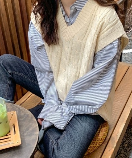 SONA（ソナ）の「SONYUNARA 大きめツイストベスト（ベスト・レディース・ライトグリーン/オレンジ/グレー/スカイブルー/ネイビー/ライトベージュ・FREE）」の3枚目の写真