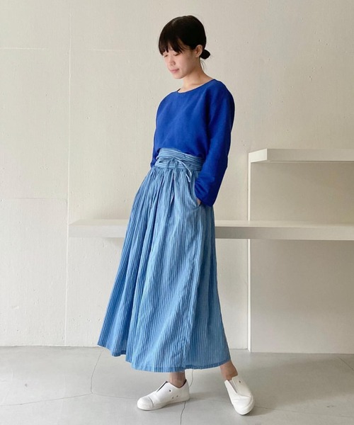 Plantation ラミーリヨセルローン スカート リネン ストライプ タグ付 Plantation（プランテーション）の「ラミーリヨセルローン