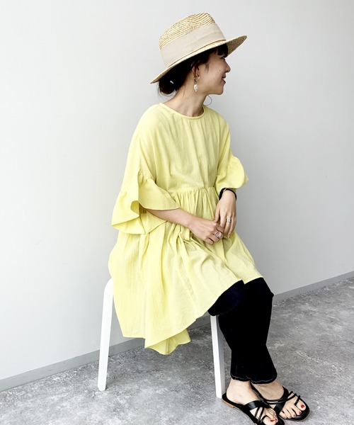 studio CLIP（スタディオクリップ）の「【低身長向けアイテム/WEB限定】ギャザーワイドチュニック（シャツ/ブラウス・レディース・ブラック/ラベンダー/オフホワイト/イエロー/グリーン/パープル/ブラウン・FREE）」の7枚目の写真