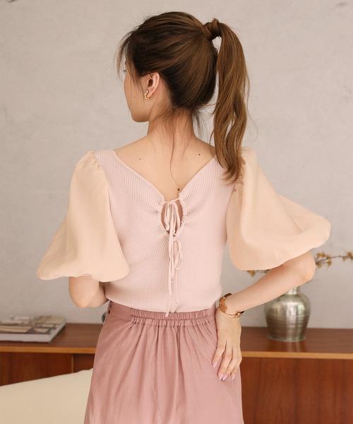 Cherie chuu（シェリーチュウ）の「【Cherie chuu】バックリボン袖コンシャスサマーニット（ニット/セーター・レディース・ブラック/ベージュ/ピンクベージュ・FREE）」の7枚目の写真