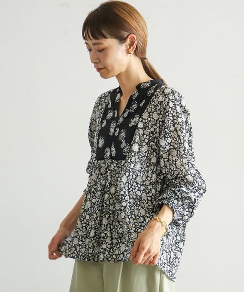 NOMBRE IMPAIR◆Flower&Paisley/スキッパーブラウス/F/コットン/BLK/01-1-06-212-1-2-1-1 NOMBRE IMPAIR（ノンブルアンペール）の「Flower&Paisley