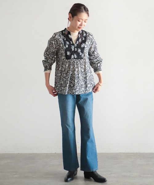 NOMBRE IMPAIR◆Flower&Paisley/スキッパーブラウス/F/コットン/BLK/01-1-06-212-1-2-1-1 ノンブルアンペール Flower&Paisley スキッパーブラウス