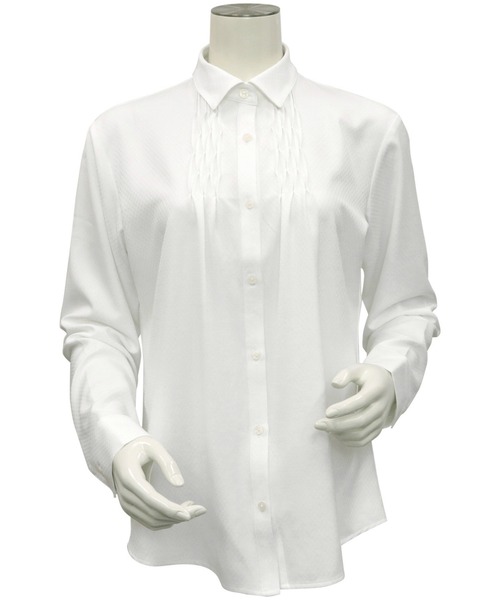 TOKYO SHIRTS(トウキョウシャツ)の「【吸水速乾】【COFREX】レギュラー衿 ピンタック長袖ブラウス(ビジネスシャツ・レディース・ホワイト・S/M/L/LL)」の2枚目の写真