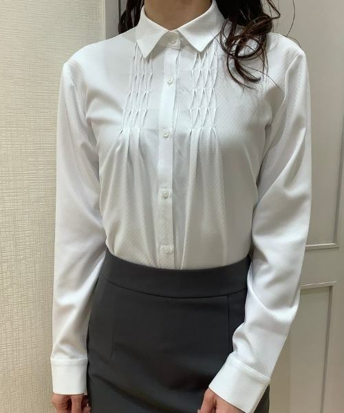 TOKYO SHIRTS(トウキョウシャツ)の「【吸水速乾】【COFREX】レギュラー衿 ピンタック長袖ブラウス(ビジネスシャツ・レディース・ホワイト・S/M/L/LL)」の11枚目の写真