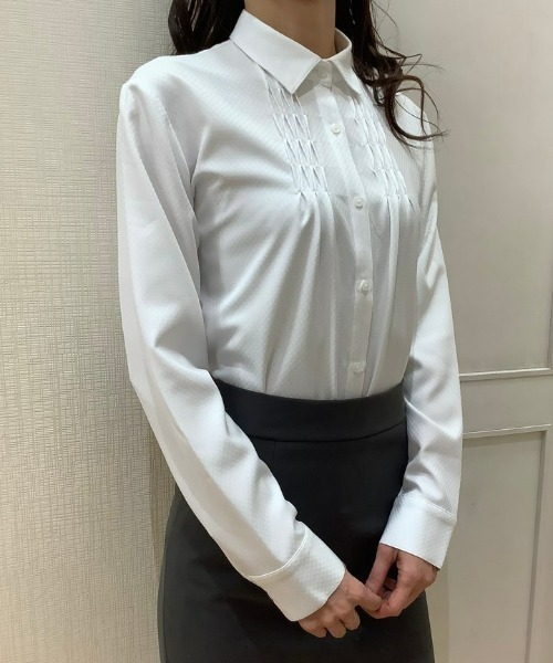 TOKYO SHIRTS(トウキョウシャツ)の「【吸水速乾】【COFREX】レギュラー衿 ピンタック長袖ブラウス(ビジネスシャツ・レディース・ホワイト・S/M/L/LL)」の10枚目の写真
