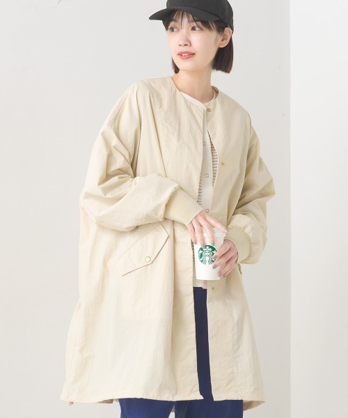 セール】撥水加工ナイロンノーカラー裾ドローコードブルゾン