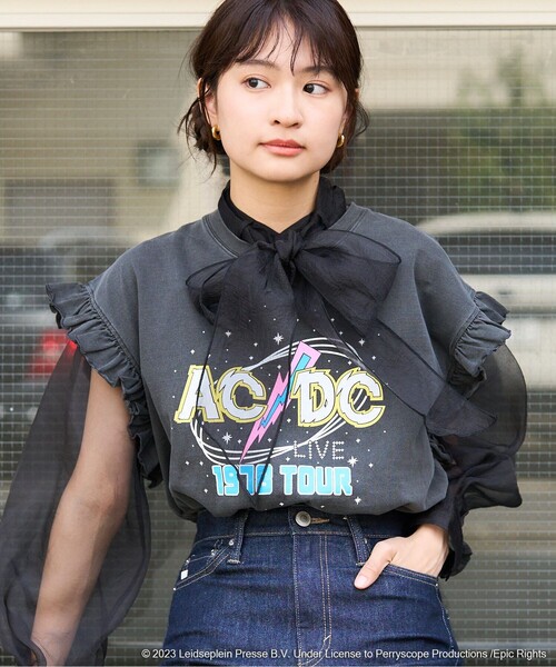 acdc/ノースリーブカットソー/--/--/GRY// FREAK'S STORE☆ACDCフリルノースリーブTシャツロックバンドTee