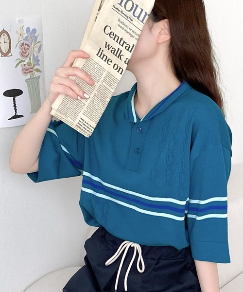 Java（ジャバ）の「《JAVAジャバ 別注》大人のヴィンテージライク。レトロボーダーニットポロシャツ（ポロシャツ・メンズ・ブルー/ブラウン/ベージュ/ライトグレー・X-LARGE/SMALL/MEDIUM/LARGE）」の4枚目の写真