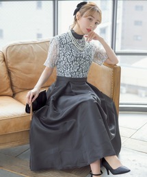 Retica（レティカ）の「パーティードレス Aライン ハイネック フラワー刺繍 ウエスト切替 フレア ミモレ丈 レーススリーブ 結婚式 パーティードレス Aライン 20代 30代 大きいサイズ お呼ばれ（ワンピース）」