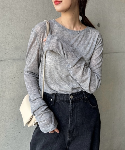 セール】テレコシアークルーネック長袖トップス（Tシャツ