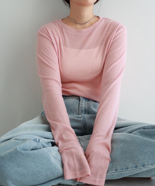 andme（アンドミー）の「テレコシアークルーネック長袖トップス（Tシャツ/カットソー・レディース・ブルー系/ボルドー/ブラック/アイボリー/グレー/イエロー/グレイッシュベージュ/ピンク・FREE）」の7枚目の写真