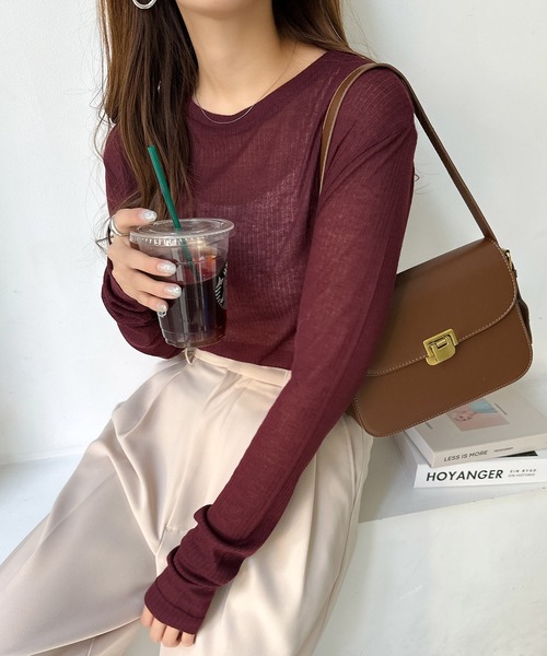 andme（アンドミー）の「テレコシアークルーネック長袖トップス（Tシャツ/カットソー・レディース・ブルー系/ボルドー/ブラック/アイボリー/グレー/イエロー/グレイッシュベージュ/ピンク・FREE）」の8枚目の写真