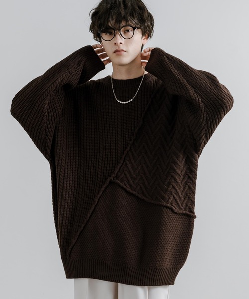 Rocky Monroe(ロッキーモンロー)の「オーバーサイズ 3パターン切替編みプルオーバーウォッシャブルニットセーター(ニット/セーター・メンズ・ブラック/ブラウン/ブルー/グレイッシュベージュ/オレンジ・M/L)」の1枚目の写真
