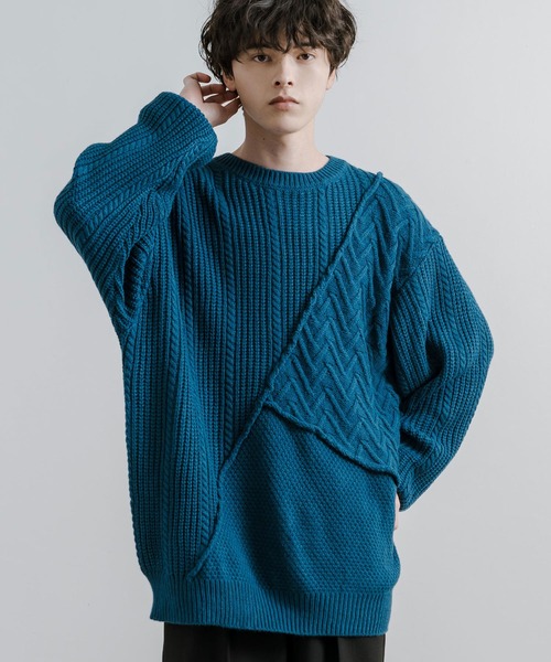 Rocky Monroe(ロッキーモンロー)の「オーバーサイズ 3パターン切替編みプルオーバーウォッシャブルニットセーター(ニット/セーター・メンズ・ブラック/ブラウン/ブルー/グレイッシュベージュ/オレンジ・M/L)」の4枚目の写真