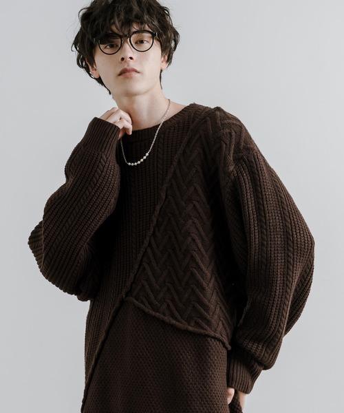 Rocky Monroe(ロッキーモンロー)の「オーバーサイズ 3パターン切替編みプルオーバーウォッシャブルニットセーター(ニット/セーター・メンズ・ブラック/ブラウン/ブルー/グレイッシュベージュ/オレンジ・M/L)」の20枚目の写真
