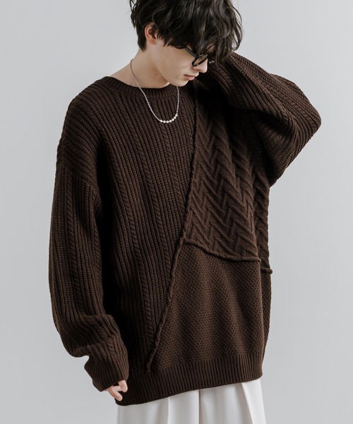Rocky Monroe(ロッキーモンロー)の「オーバーサイズ 3パターン切替編みプルオーバーウォッシャブルニットセーター(ニット/セーター・メンズ・ブラック/ブラウン/ブルー/グレイッシュベージュ/オレンジ・M/L)」の16枚目の写真